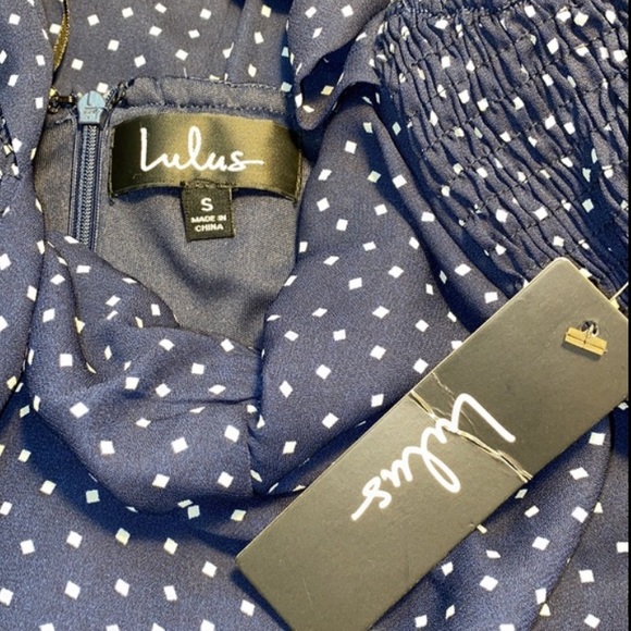 Lulu’s Navy Square Polka Dot Off Shoulder Dress - Picture 12 of 13